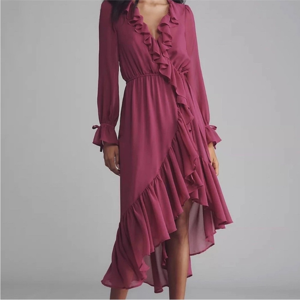 NWT Anthropologie Long-sleeve Ruffled Asymmetric Midi Dress